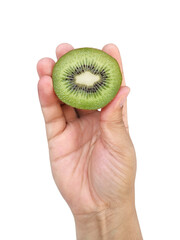 Hand holds sliced half of kiwi fruit, transparent background