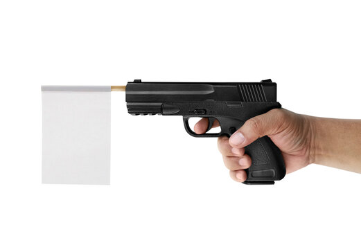 Hand holding gun with paper flag on, transparent background