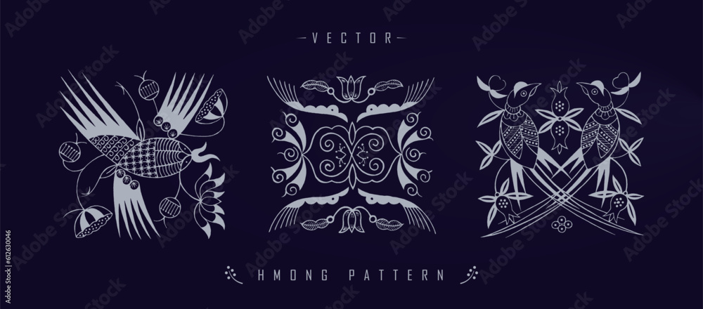 Wall mural vector illustration set of three white chinese hmong patterns with floral and wildlife elements