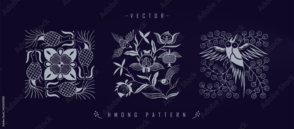 Wall mural vector illustration set of three white chinese hmong patterns with floral and wildlife elements