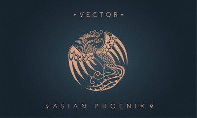 Beautiful illustration of an Asian Phoenix with its wings open on a black background
