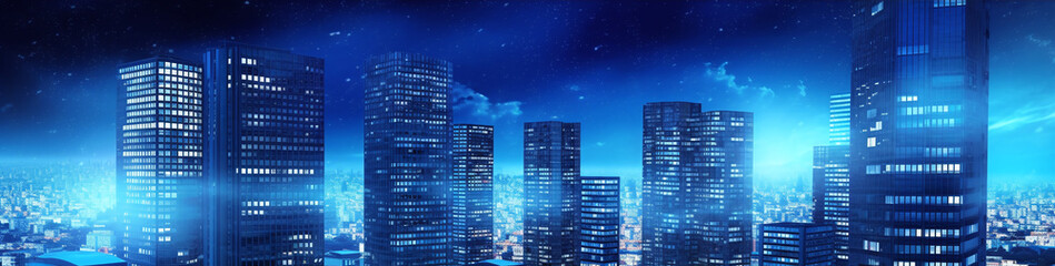 there are many skyscrapers in the blue light of night