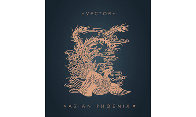Vertical illustration of an Asian Phoenix with its tail above depicted on a black background