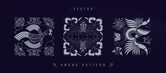 Panoramic illustration of Hmong patterns with images of phoenixes and ornaments on a blue background