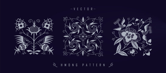 Panoramic illustration of Hmong patterns with different flowers on a dark blue background