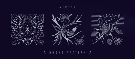 Vector illustration set of three white Chinese Hmong patterns with floral and wildlife elements
