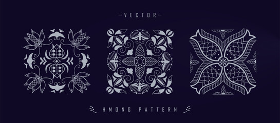 Vector illustration set of three white Chinese Hmong patterns with floral and wildlife elements