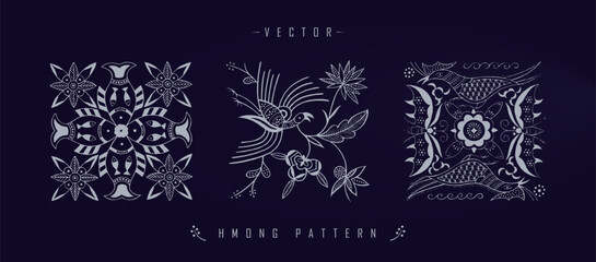 Vector illustration set of three white Chinese Hmong patterns with floral and wildlife elements