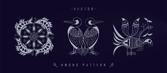 Vector illustration set of three white Chinese Hmong patterns with floral and wildlife elements