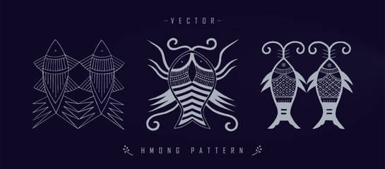 Vector illustration set of three white Chinese Hmong patterns with floral and wildlife elements
