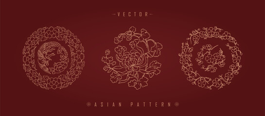 Vector illustration set of three traditional Chinese decorative patterns with floral elements