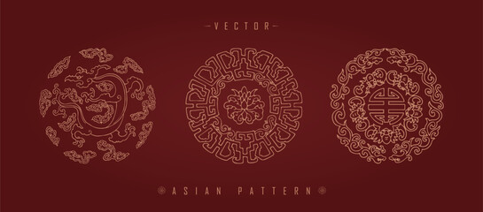 Vector illustration of Asian patterns on a dark red background.