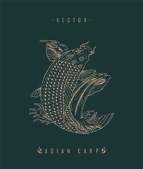 Vector illustration of an ornamental logo of Asian symbol carp isolated on pastel grayish background