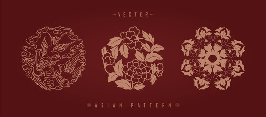 Vector illustration set of three traditional Chinese decorative patterns with floral elements