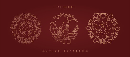 Vector illustration set of three traditional Chinese decorative patterns with floral elements