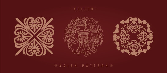 Vector illustration of Asian traditional decorative patterns with floral elements