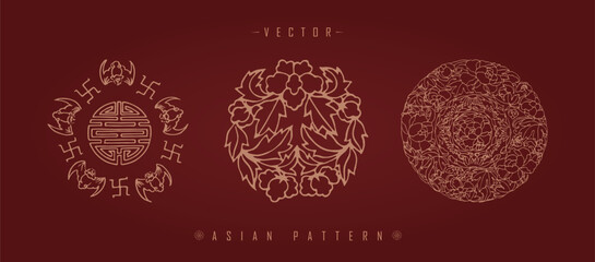 Vector illustration set of three traditional Chinese decorative patterns with floral elements