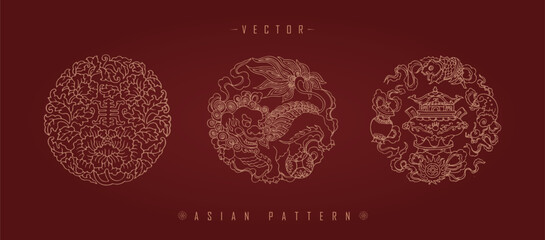 Vector illustration of Asian traditional decorative patterns on a burgundy background