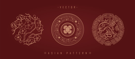 Vector illustration set of three traditional Chinese decorative patterns with floral elements