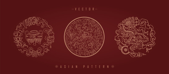 Vector illustration set of three traditional Chinese decorative patterns with floral elements