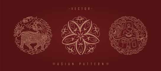 Vector illustration of Asian traditional decorative patterns on a burgundy background