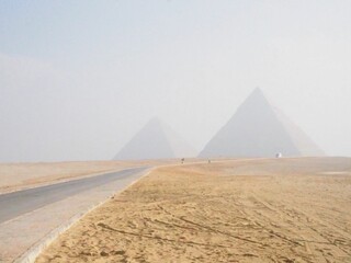 Fototapeta na wymiar Road through yellow grass leading to the foggy Giza Necropolis museum
