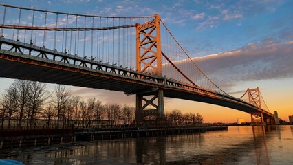 Beautiful view of the Benjamin Franklin bridge in the city of San Francisco in the USA at sunset