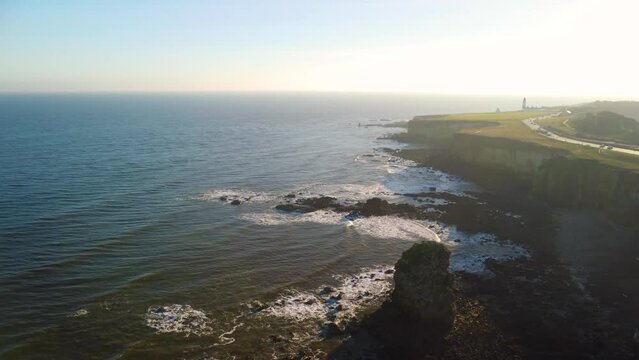 Drone view of Marsden Rock on the coastline of South Shields, United Kingdom