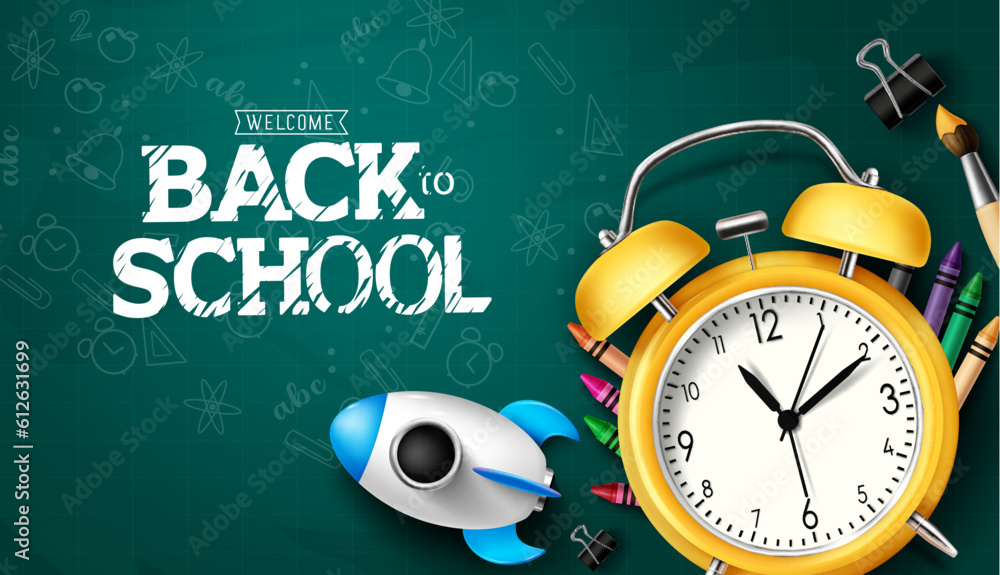 Poster back to school vector background. school greeting text in chalkboard with alarm clock and education 