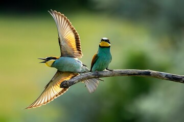 Selective focus of two chestnut-headed bee-eaters perched on a tree branch, green blurred background