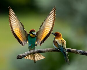 Selective focus of two chestnut-headed bee-eaters perched on a tree branch, green blurred background