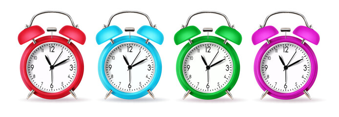 School alarm clock vector set design. Alarm clock and timer in red, blue, green and purple elements isolated in white background. Vector illustration school element collection.