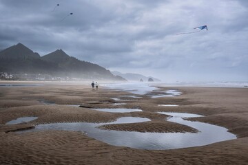 Sand beach with pools of water and kites in the sky. Cannon Beach in Oregon. Portland. USA