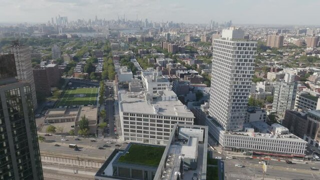 Flying over Atlantic Ave toward Brooklyn Tech's football field 