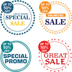 Digital render of a set of sale and discount icons on a white background