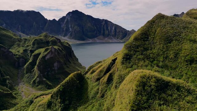 Drone footage of the crater lake of Mount Pinatubo in the Philippines