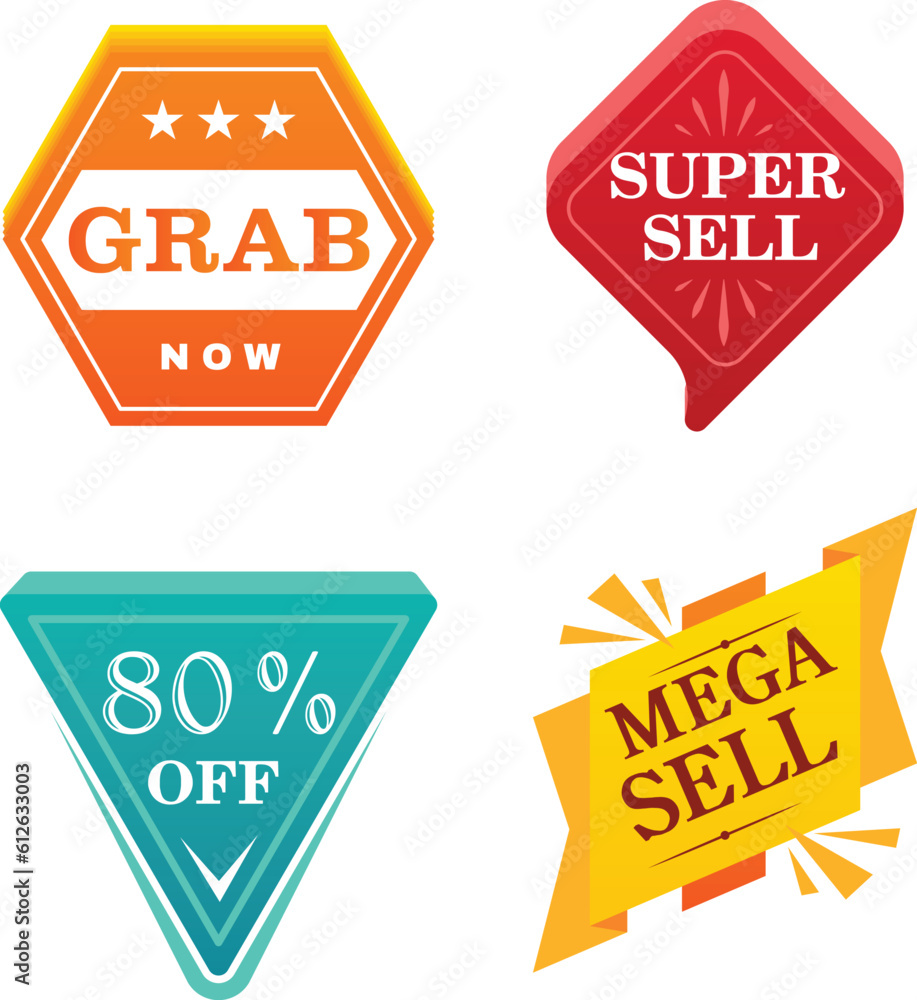 Sticker digital render of a set of sale and discount icons on a white background