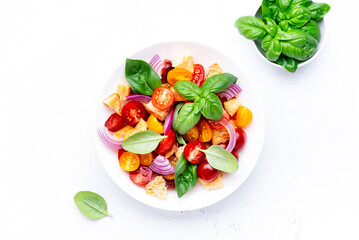 Panzanella summer vegetable salad with stale bread, colorful tomatoes, red onion, olive oil, salt...