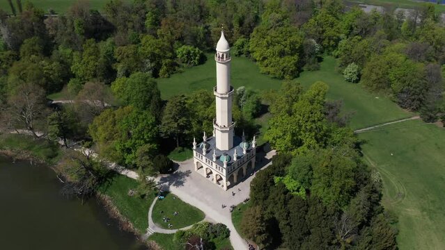 Drone view over the Minarett surrounded by green vegetation in Lednice, Czech Republic