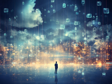 Efficient data transfer utilizing advanced cloud technology infrastructure. Conceptual image depicting the secure and rapid movement of digital information across global networks. Generative AI.