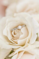 closeup of an engagement ring sitting atop a white rose