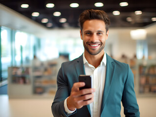 Happy businessman using his smartphone, within a lively office environment. Photograph of a happy businessman holding a smartphone, office background. Generative AI.