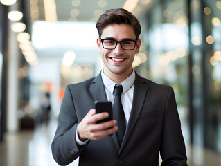 Happy successful businessman using his smartphone, within a lively office environment. Photograph of a happy businessman holding a smartphone, office background. Generative AI.