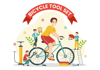 Cycling and Bicycle Tool Set Vector Illustration of a Mechanic Repairing Bicycles in a Workshop with Spare Parts in Flat Cartoon Hand Drawn Template