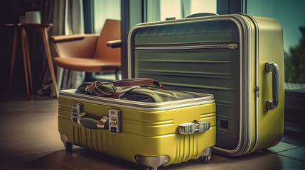 Preparation travel suitcase at home. Generative AI