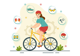 Cycling and Bicycle Tool Set Vector Illustration of a Mechanic Repairing Bicycles in a Workshop with Spare Parts in Flat Cartoon Hand Drawn Template