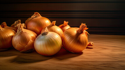 Raw onions on wooden table. Generative AI