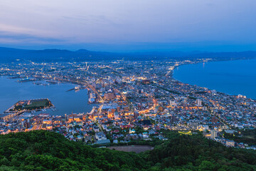 Night View from Mount Hakodate, Goryokaku Tower in Hokkaido, Japan.
