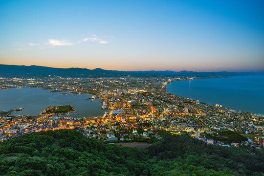 Night View from Mount Hakodate, Goryokaku Tower in Hokkaido, Japan.