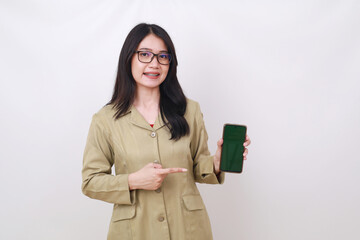 Happy Pretty Indonesian government worker pointing blank cell phone display